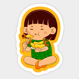 girl kids eating tempura Sticker